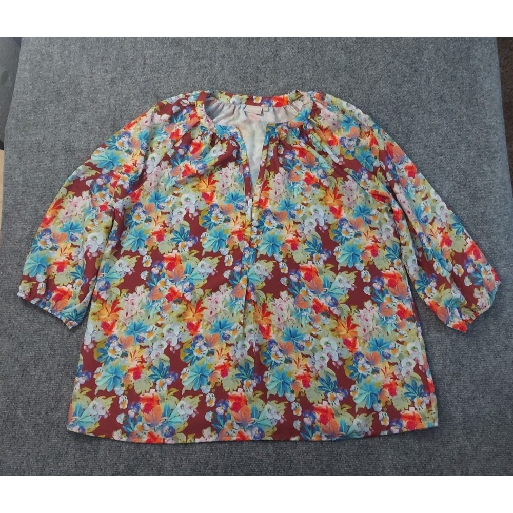 Eshakti Top Womens XL 18 Floral Flowy 3/4 Sleeve V Neck Boho Blouse Tunic